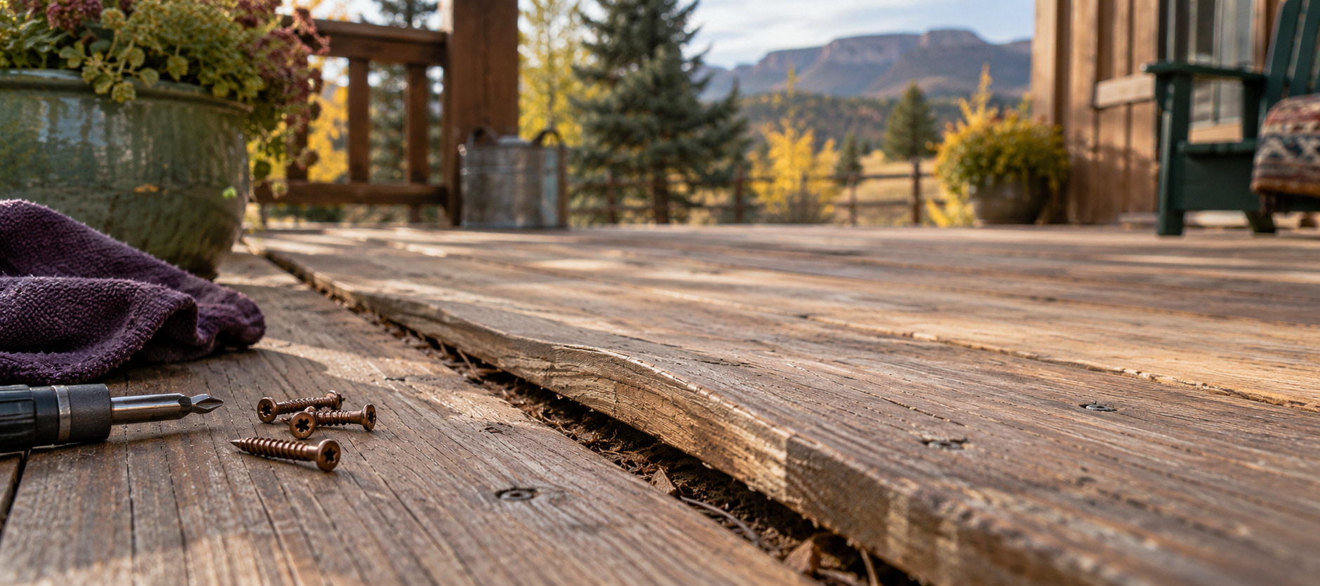 Close view of a curled wooden deck board with screws and a driver bit ready for repair.