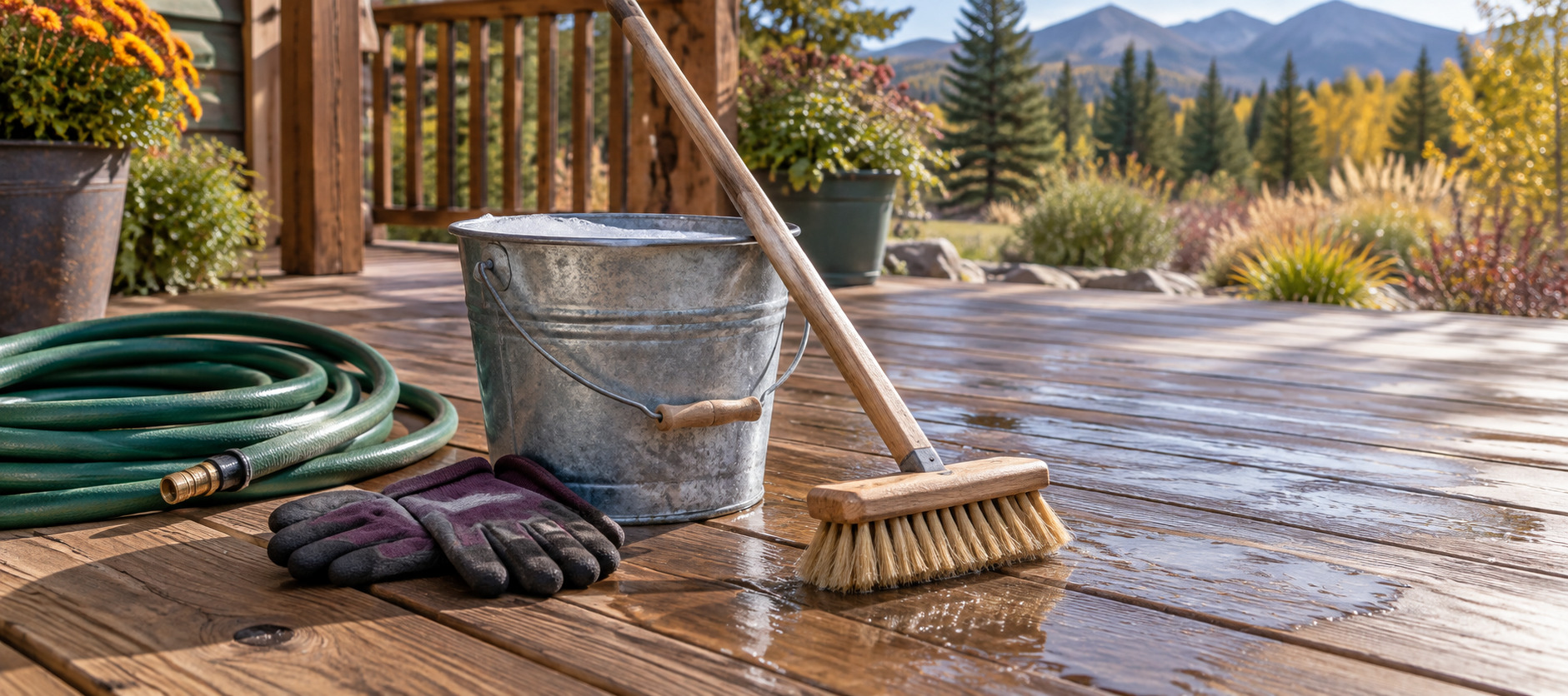 Galvanized bucket, long-handled scrub brush, garden hose, and gloves arranged on a wet deck.