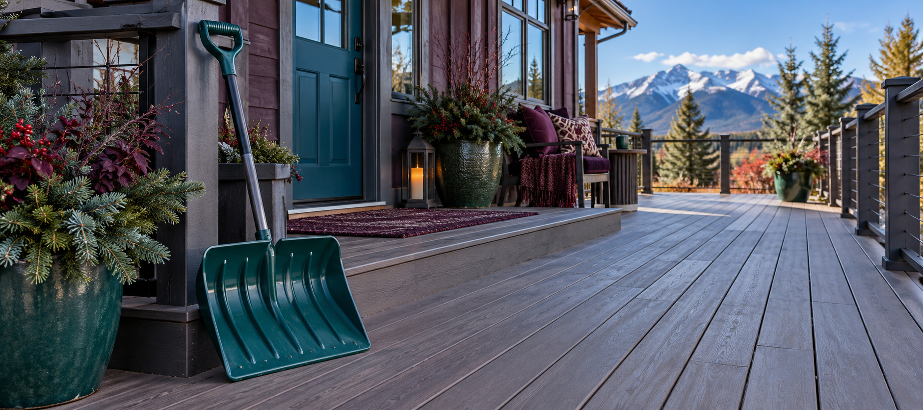 Wide plastic snow shovel standing beside a clean, uncluttered deck prepared for winter.
