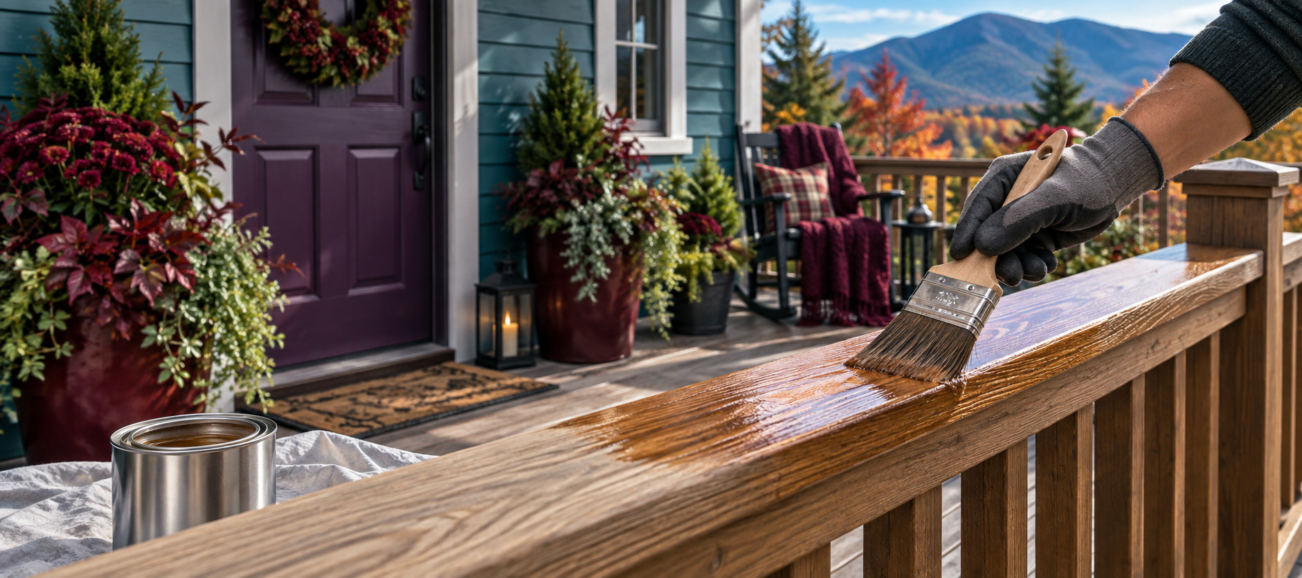 Gloved hand brushing exterior wood finish along a clean porch railing.