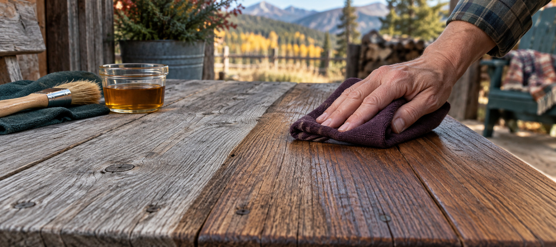 Hands wiping natural oil into the grain of a weathered wooden table.