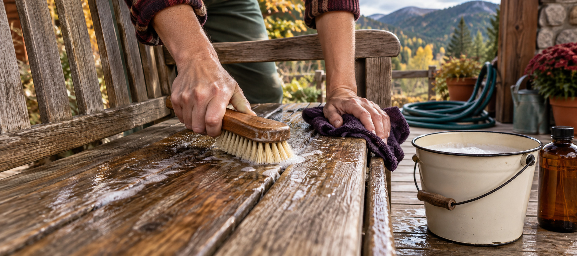 Weathered outdoor wood being gently scrubbed with warm soapy water and a soft brush.