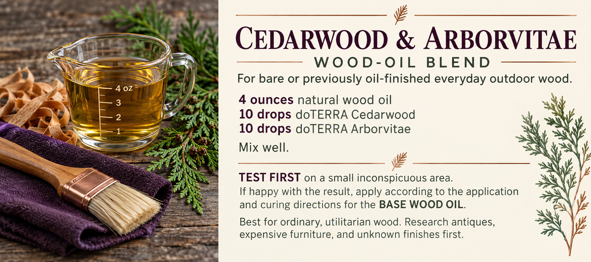 Cedarwood and Arborvitae wood-oil blend recipe beside oil and an applicator brush.