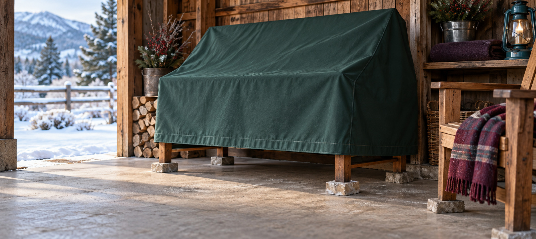 Wooden bench protected with a breathable green cover on a snowy porch.