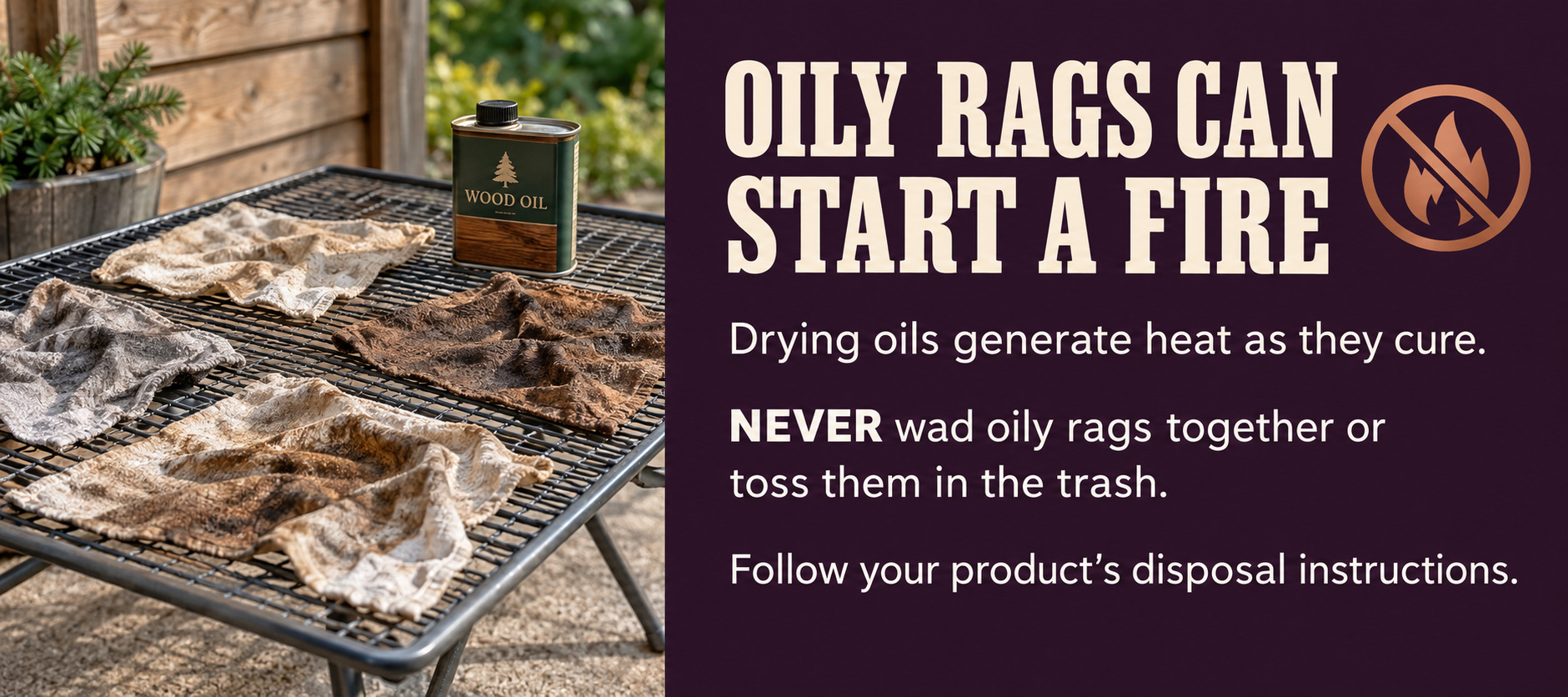 Safety graphic showing oily rags drying separately and warning of fire risk.