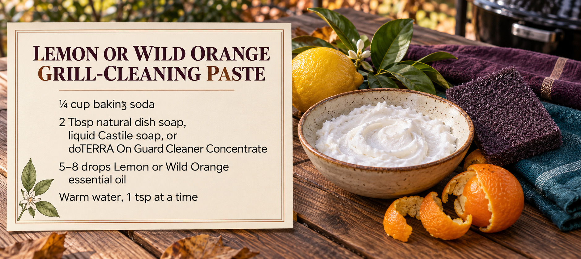 Natural lemon or Wild Orange grill-cleaning paste recipe beside citrus peel, a bowl of paste, and cleaning cloths.