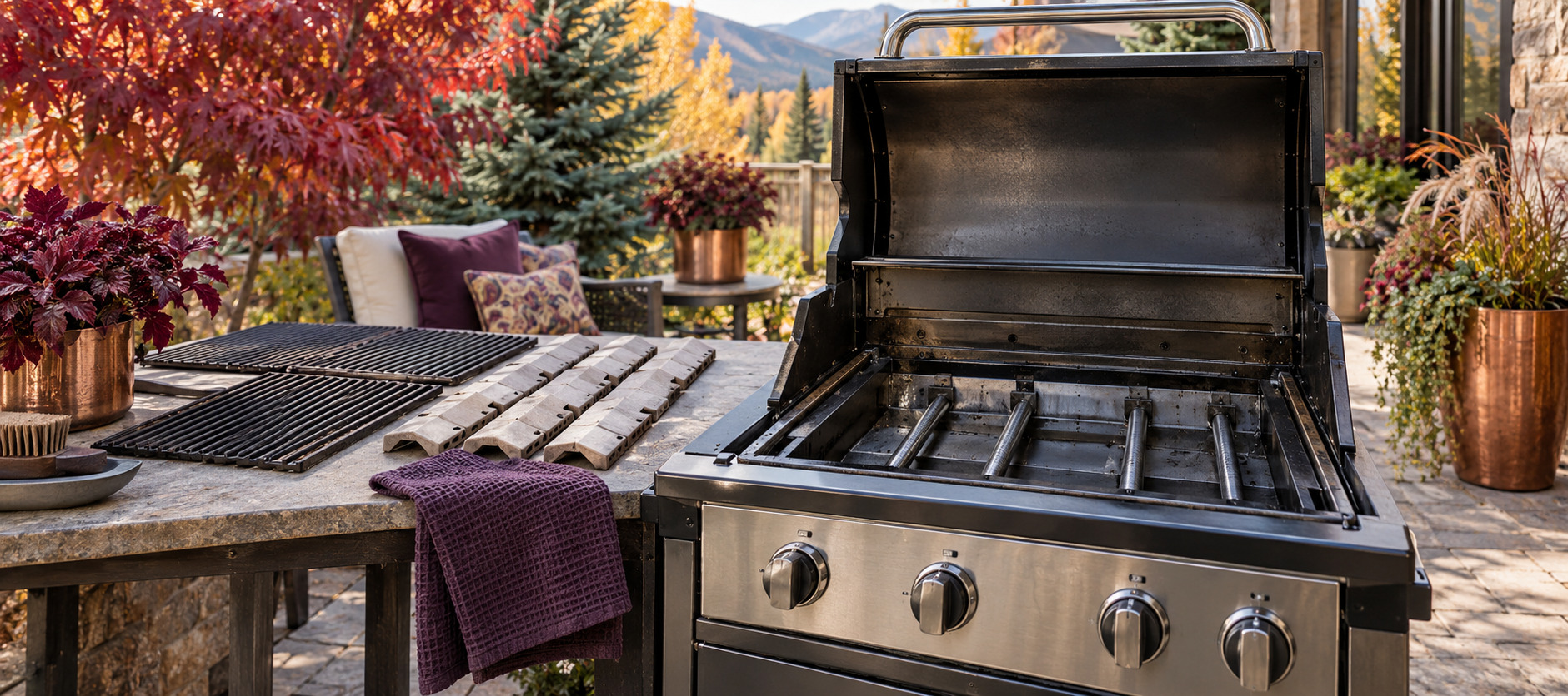 Cool open gas grill with cooking grates and removable heat-balancing components arranged for cleaning.