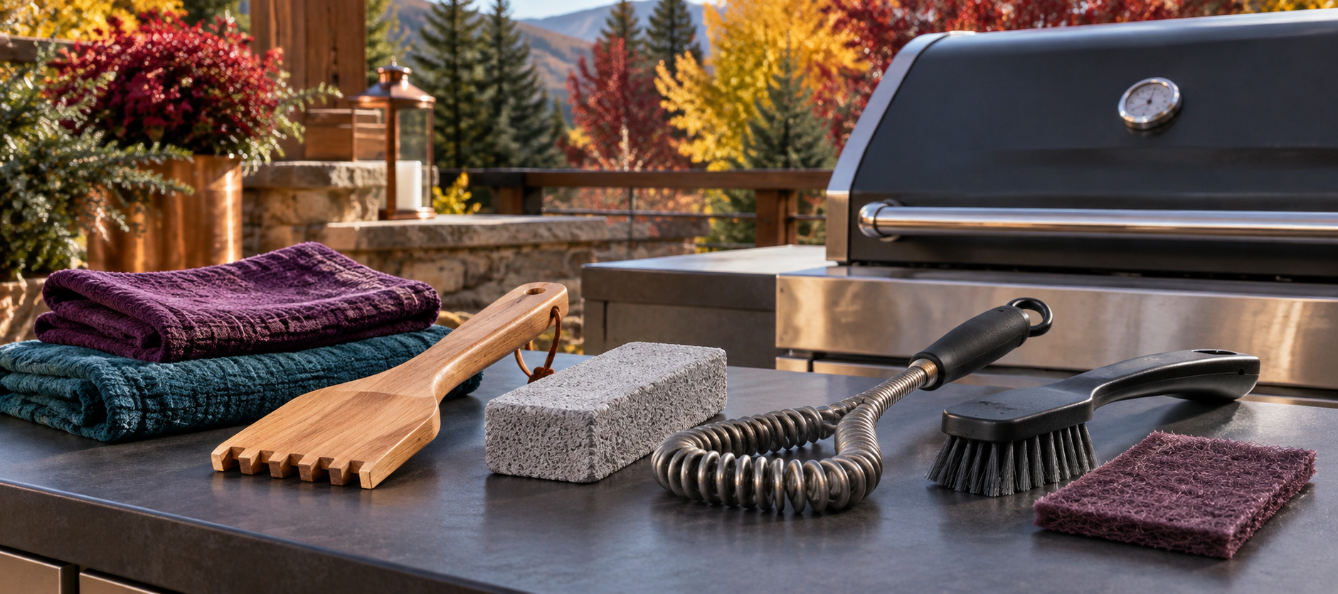 Bristle-free grill-cleaning tools including a wooden scraper, grill stone, nylon brush, coil tool, and scrub pad.