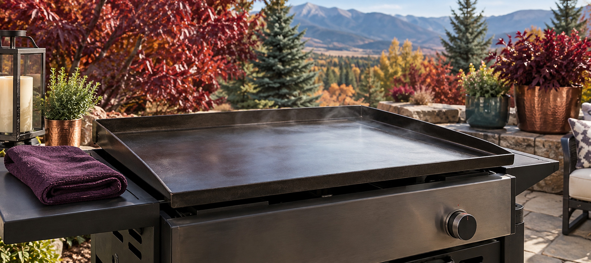 Clean outdoor flat-top griddle drying with gentle heat on a colorful fall patio.