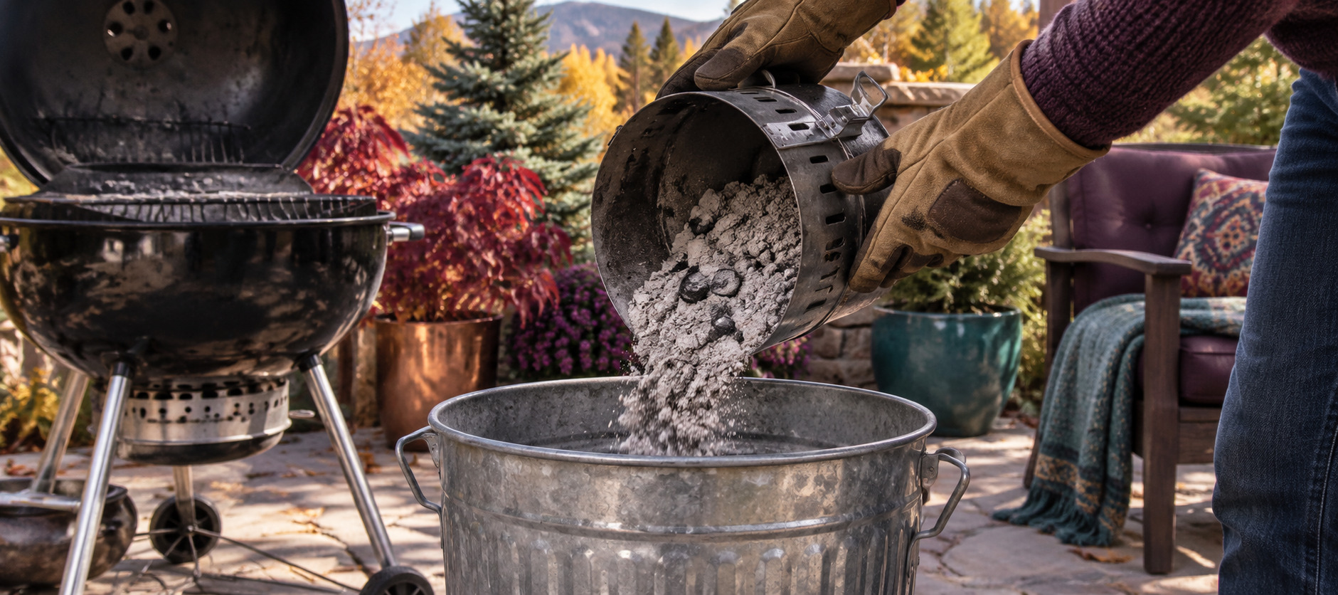 Gloved hands emptying completely cooled charcoal ash into a galvanized metal container.