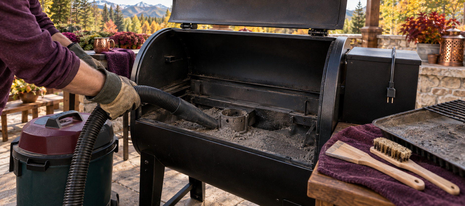 Gloved hands using a shop vacuum to remove dry ash from an unplugged pellet smoker firepot.