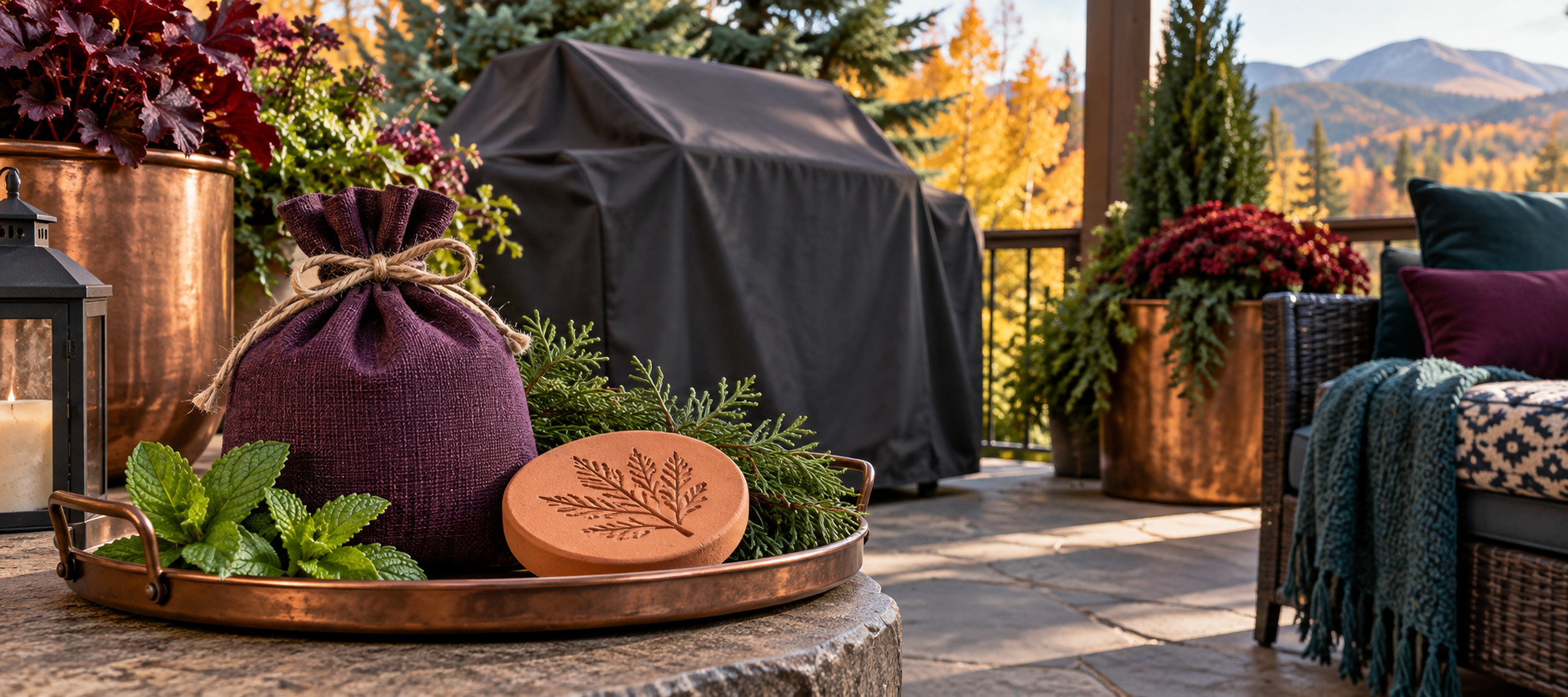 Natural winter grill pest-deterrent sachet with a terra-cotta disk, peppermint leaves, and cedar sprigs.
