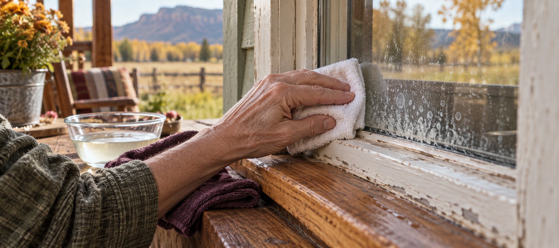Mature hand pressing a white vinegar-soaked cloth against mineral deposits on a window, with a glass bowl and eggplant cloth on the wooden sill.