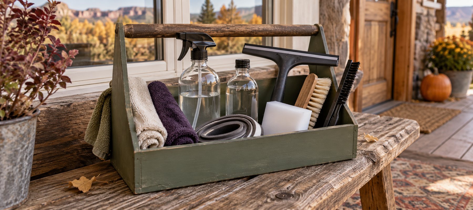 Green wooden cleaning caddy holding spray bottles, squeegee, brushes, microfiber cloths, sponge, and weatherstripping on a rustic bench.
