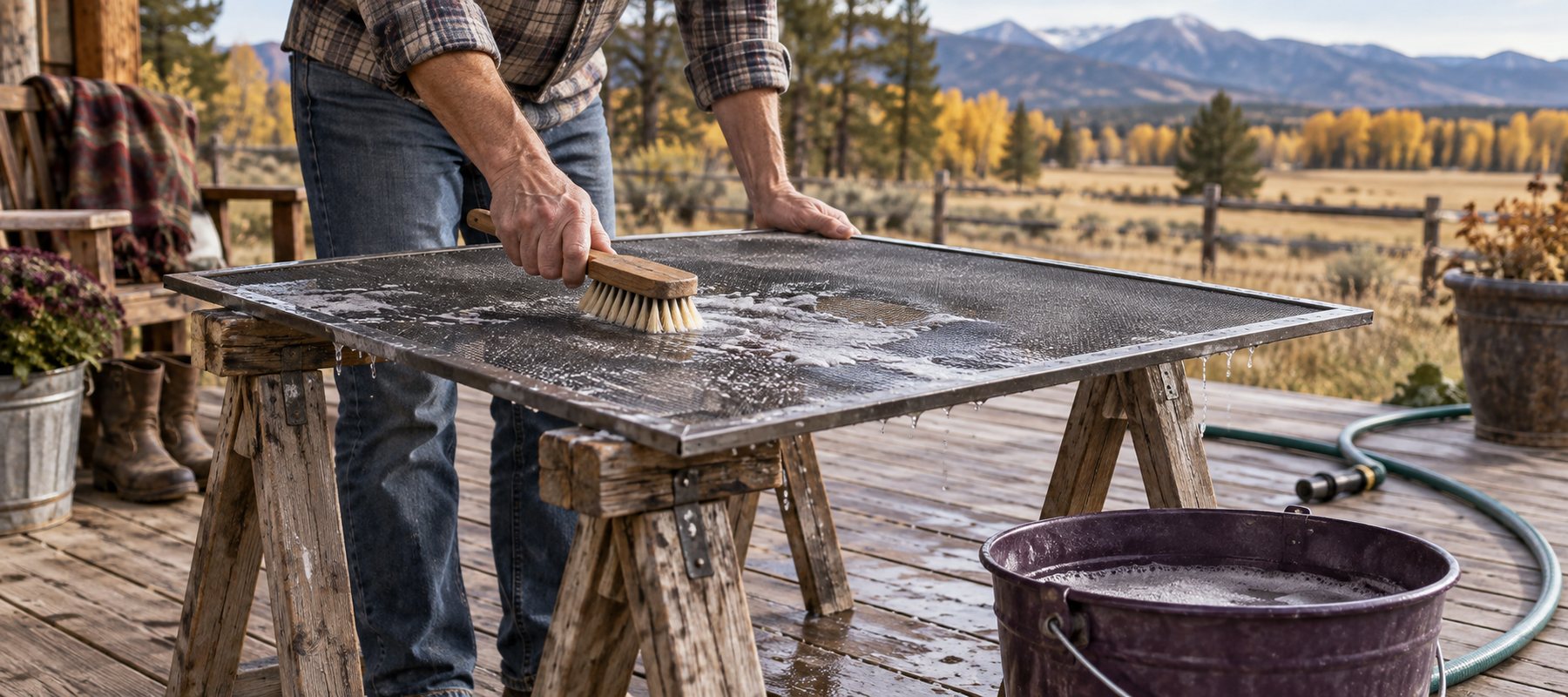 Mature adult scrubbing a removed window screen with a wooden brush on sawhorses, with soapy water, an eggplant bucket, and an autumn mountain view.