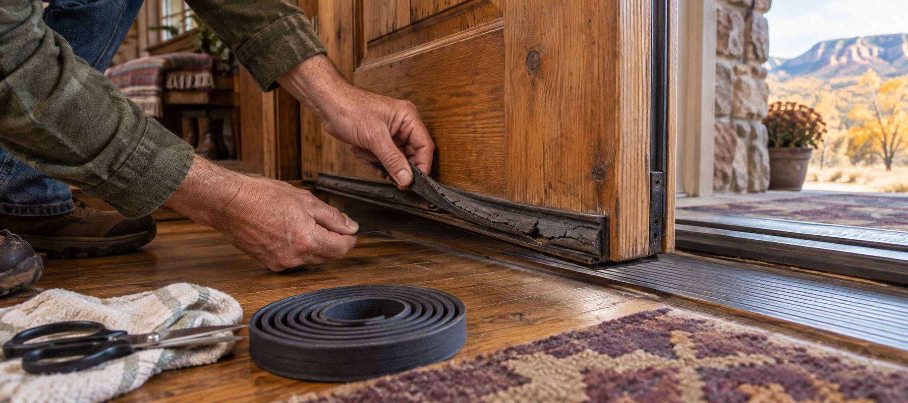 Mature hands pulling cracked bottom weatherstripping from a wooden exterior door, with replacement weatherstripping and scissors on the floor.