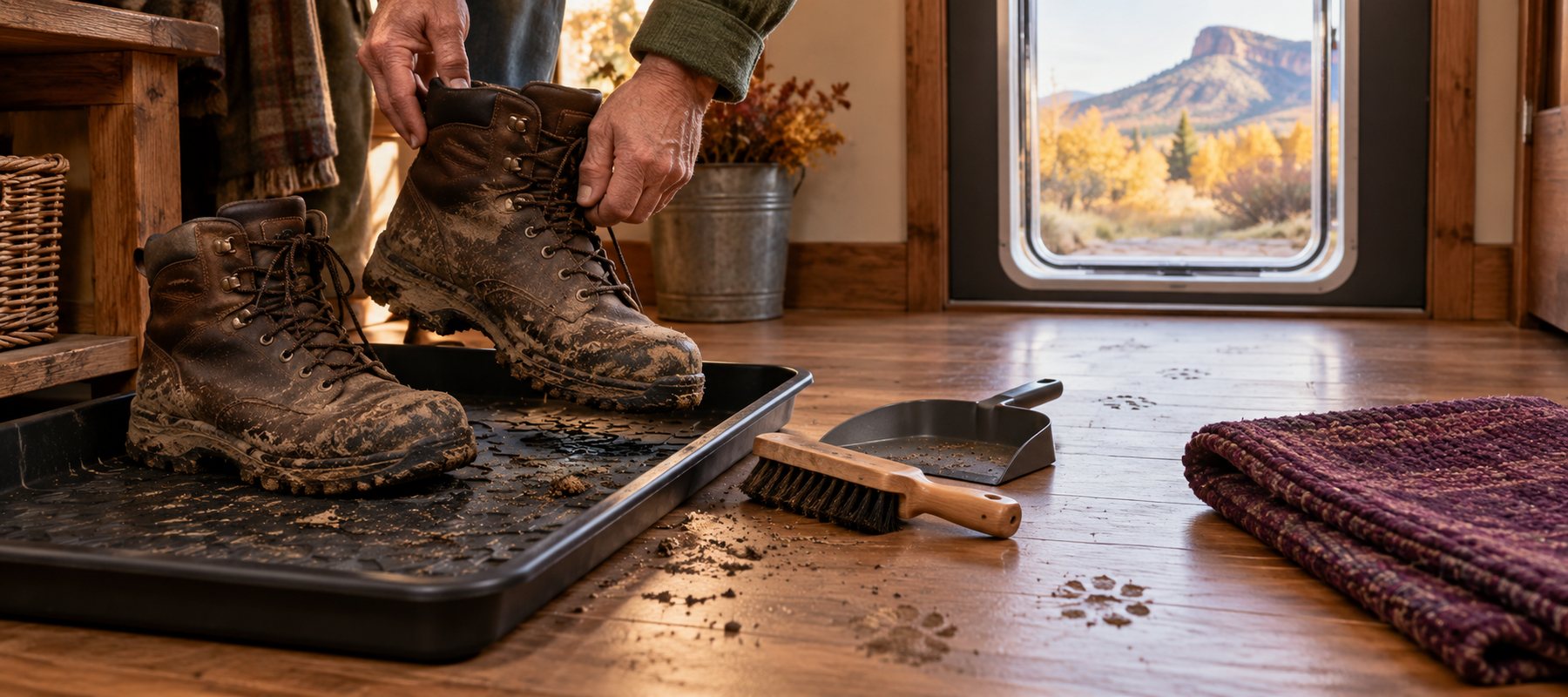 Mature hands placing a muddy work boot into a black boot tray, with a hand brush, dustpan, folded eggplant rug, and muddy paw prints nearby.