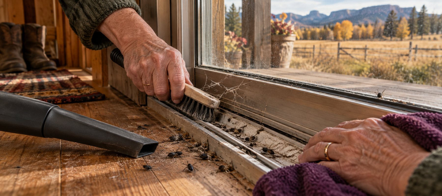 Mature woman kneeling indoors and brushing debris from a sliding-door track while bracing one hand on the wood floor, with a vacuum nozzle and eggplant cloth nearby.