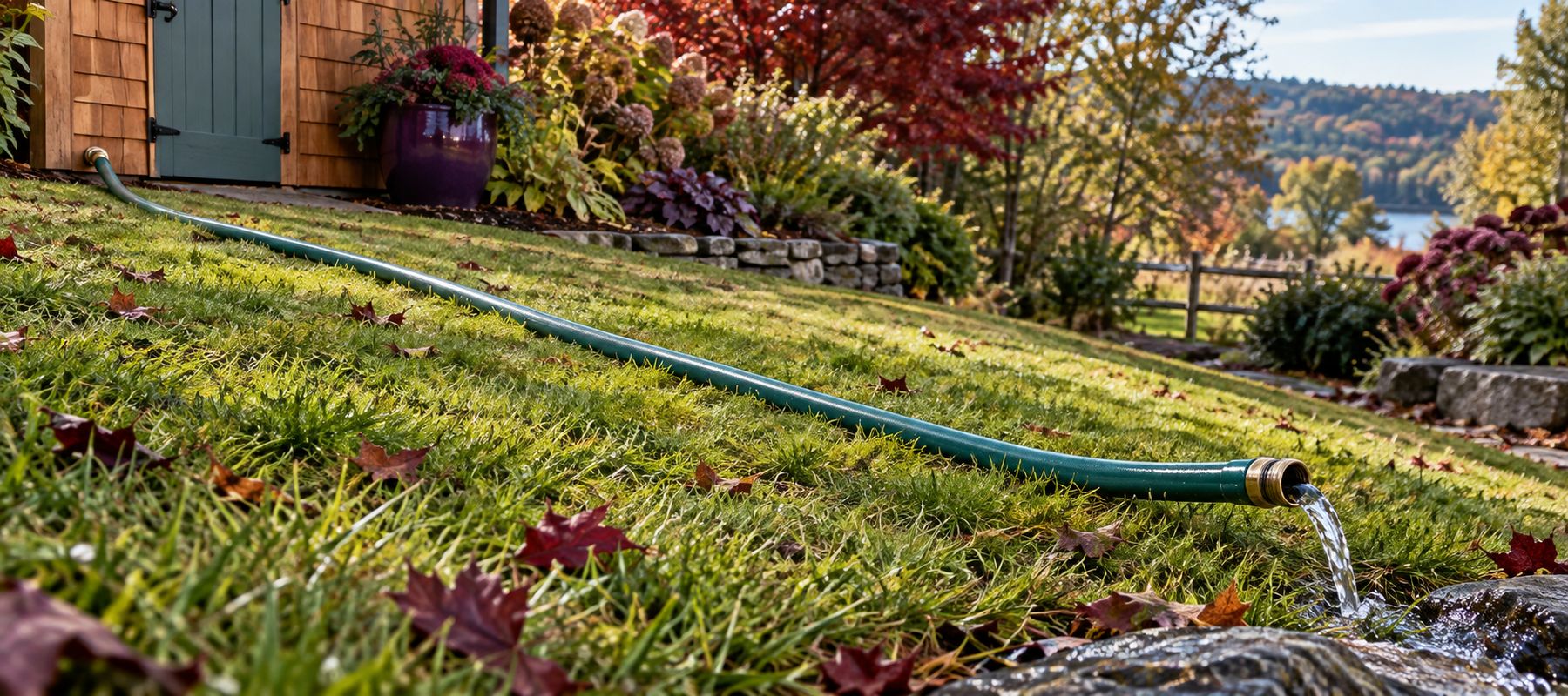 Garden hose draining before winter storage