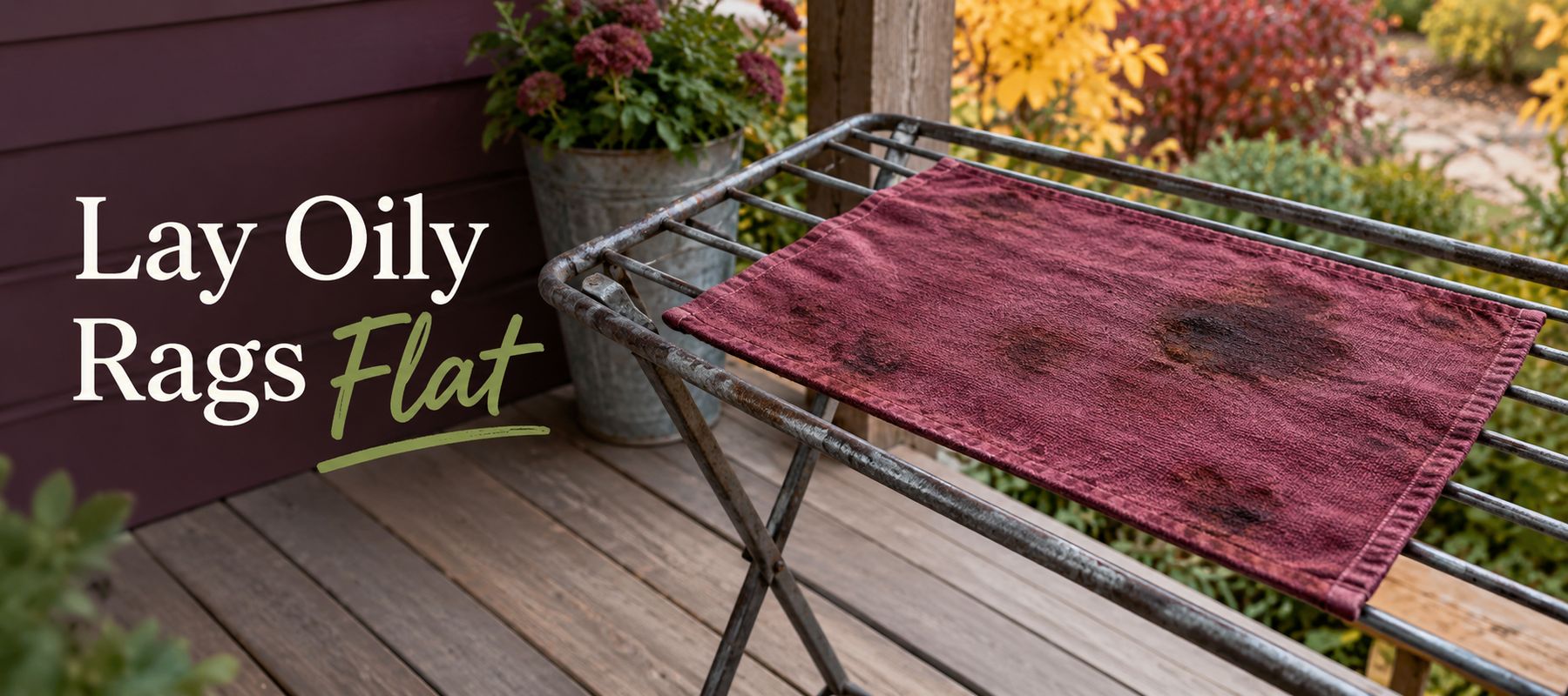 Oily rag laid flat to dry safely after treating tool handles