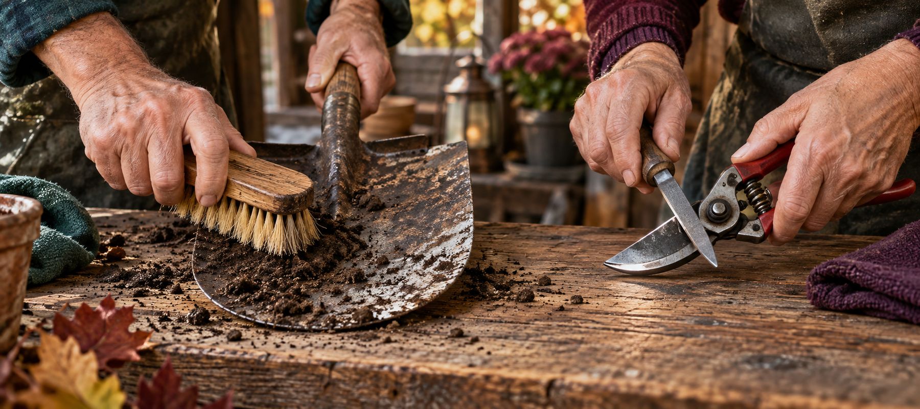 Hands cleaning and sharpening garden tools before storage