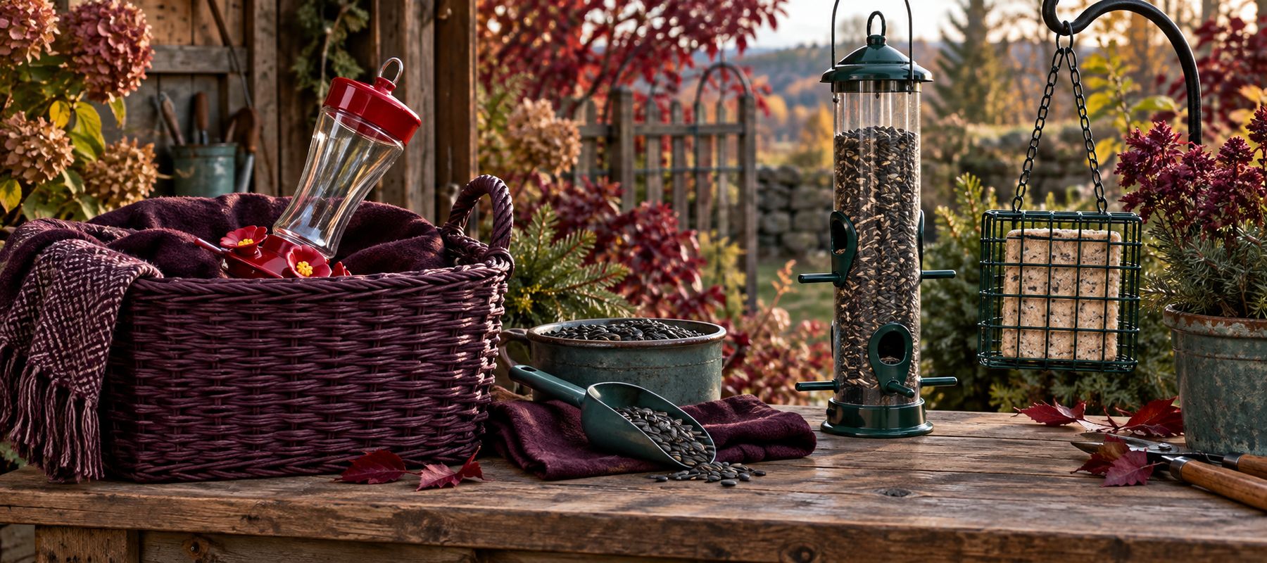 Autumn bird feeder changeover in a backyard garden