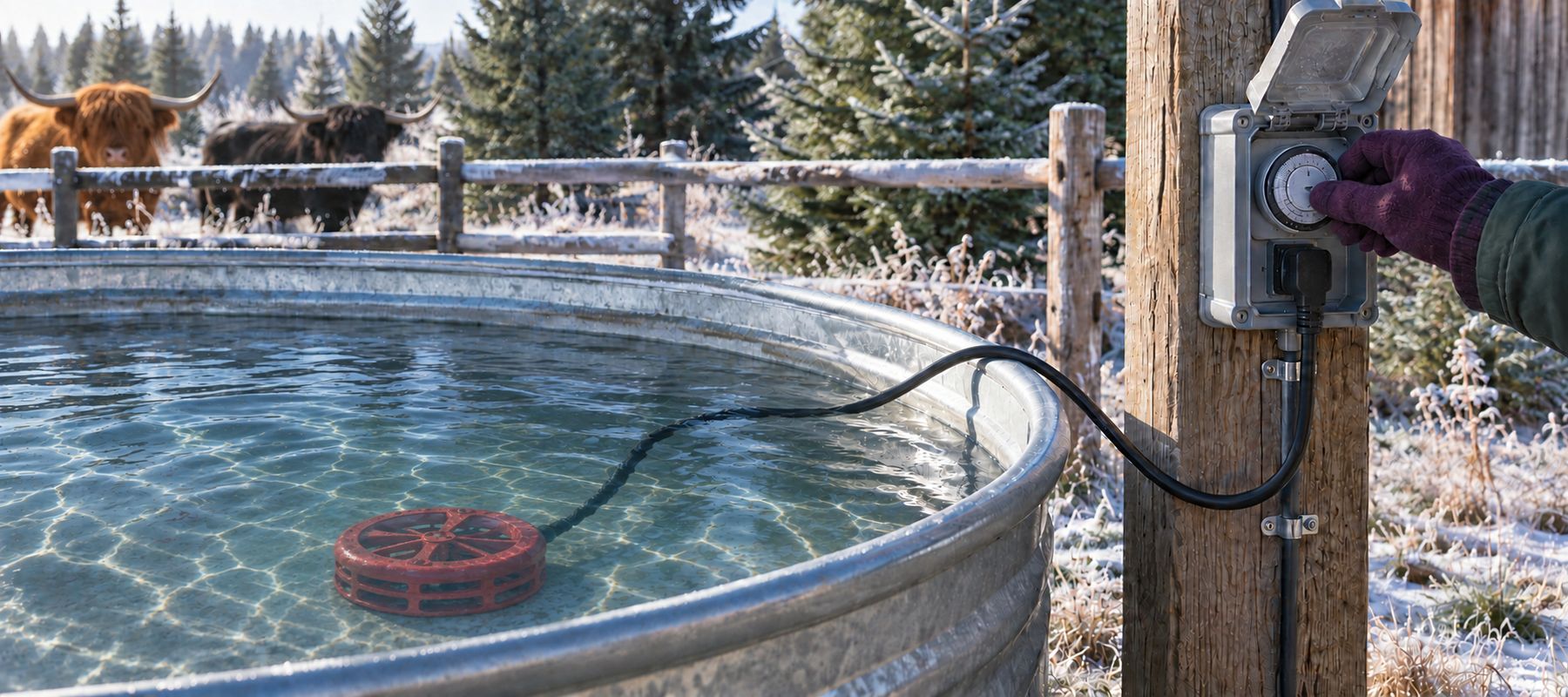 Submerged stock tank heater near Highland cattle
