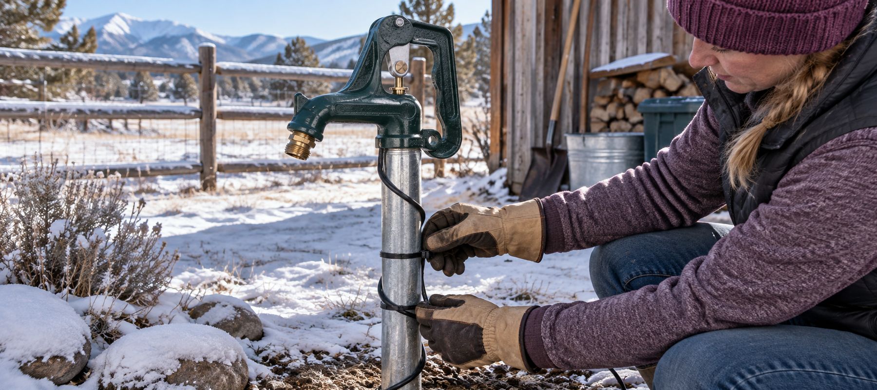 Frost-free yard hydrant prepared for freezing weather