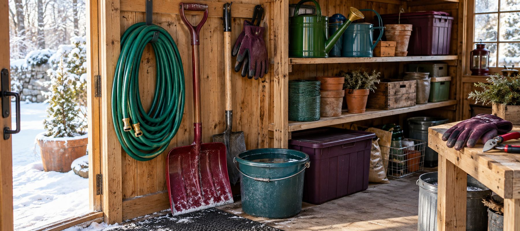 Organized garden tools and supplies in a winter-ready shed