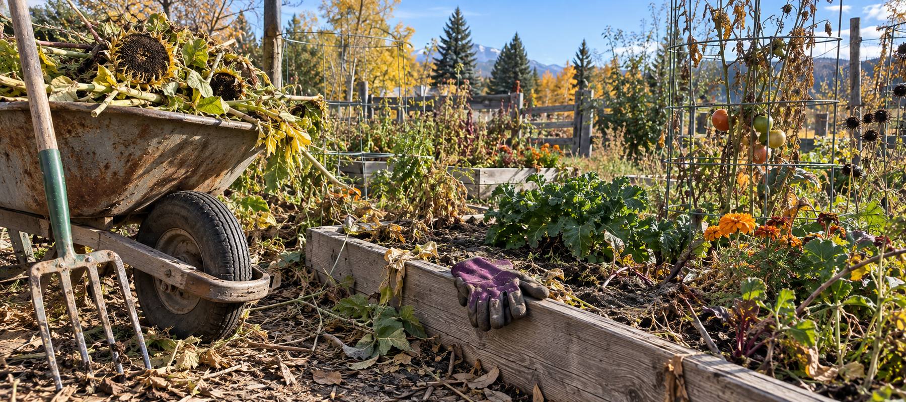 An autumn raised-bed garden with a wheelbarrow of cleared plants, garden tools, and seed heads left standing during fall cleanup An autumn raised-bed garden with a wheelbarrow of cleared plants, garden tools, and seed heads left standing during fall cleanup