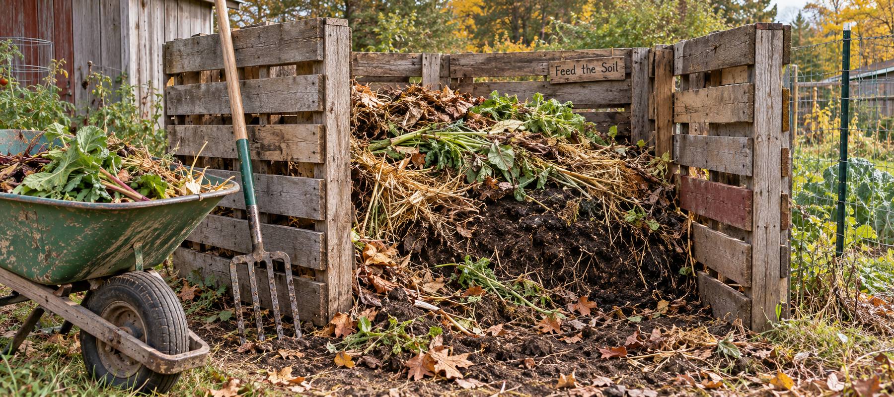 Healthy plant material collected in a practical compost bin built from wooden pallets. Healthy plant material collected in a practical compost bin built from wooden pallets.