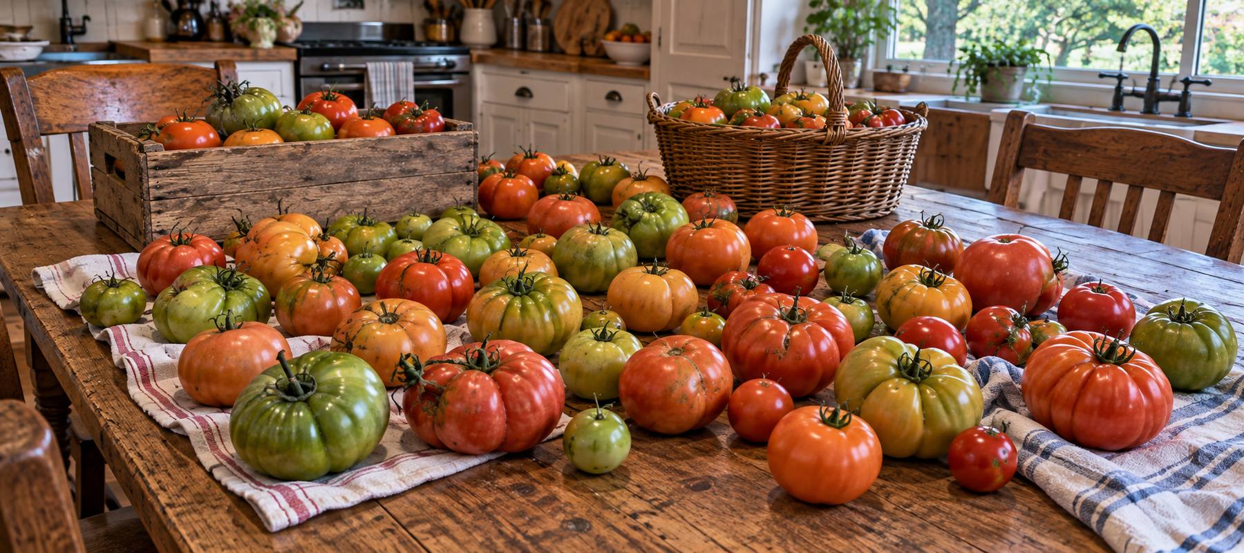 Green, pink, orange, and red tomatoes spread across an indoor table to finish ripening. Green, pink, orange, and red tomatoes spread across an indoor table to finish ripening.