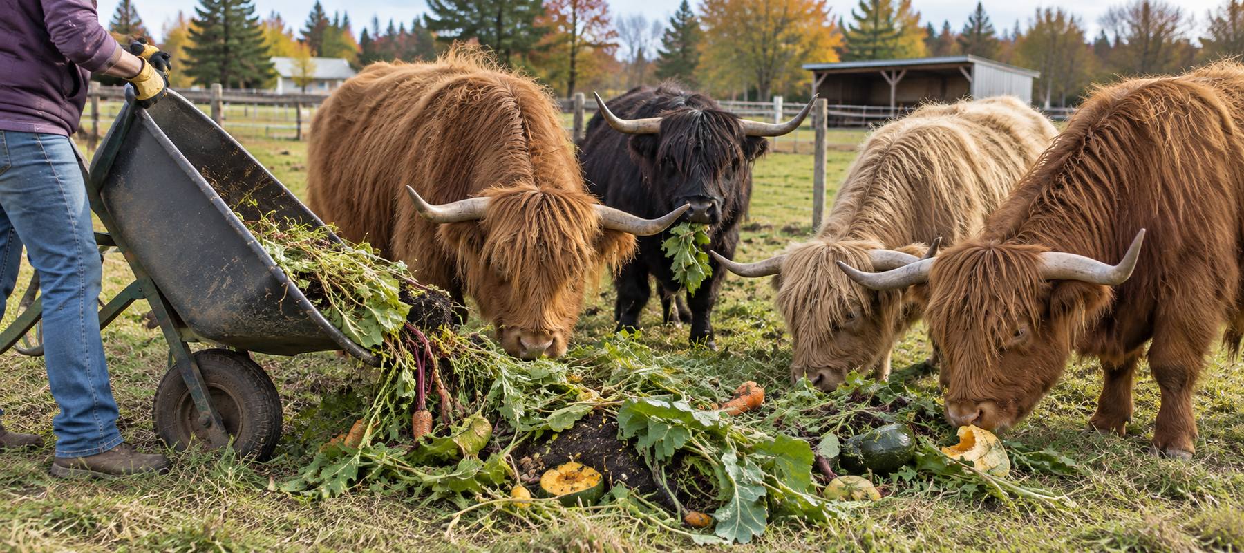 Scottish Highland cattle receiving safe garden leftovers from a wheelbarrow outside the vegetable garden. Scottish Highland cattle receiving safe garden leftovers from a wheelbarrow outside the vegetable garden.