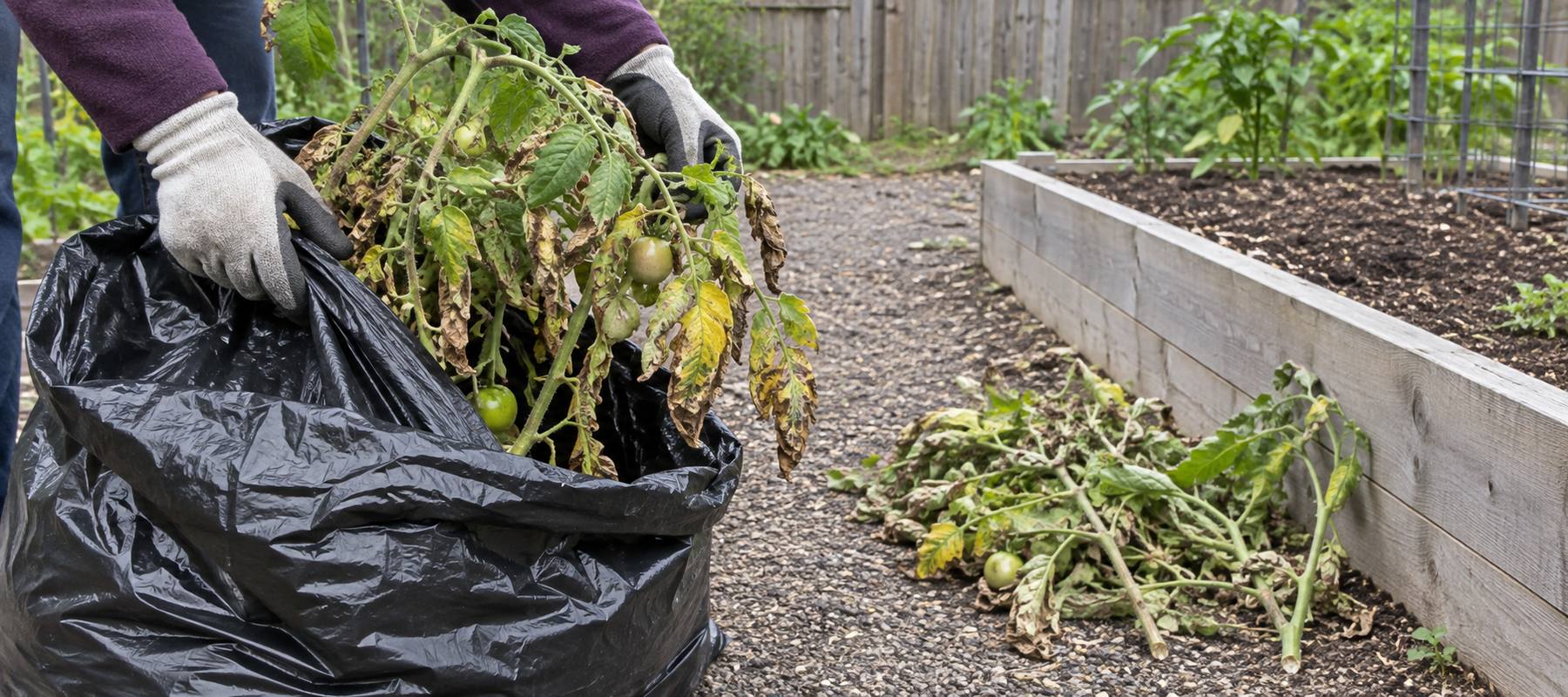 Diseased garden plants being carefully placed into a trash bag for removal. Diseased garden plants being carefully placed into a trash bag for removal.