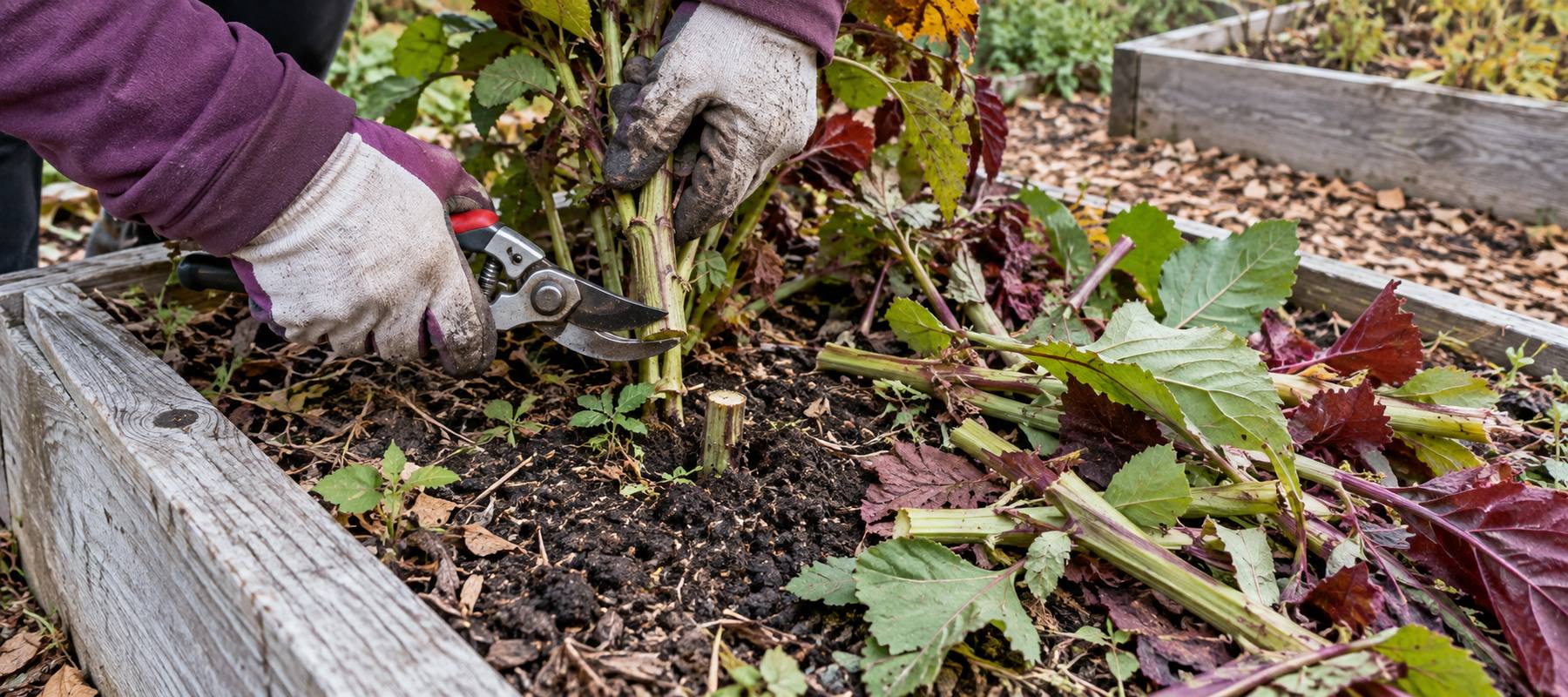 Healthy garden stems being cut near soil level so the roots can remain in the bed. Healthy garden stems being cut near soil level so the roots can remain in the bed.