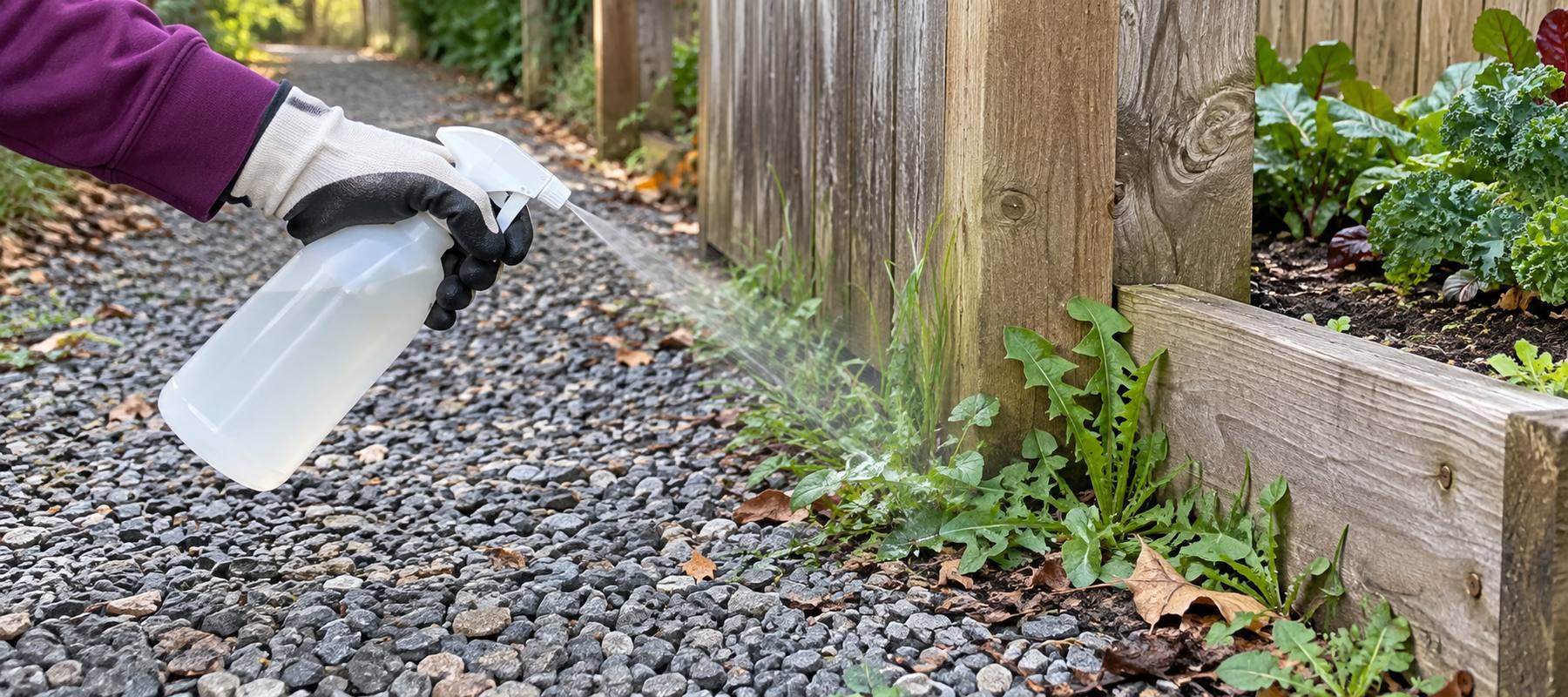 Targeted vinegar weed spray applied carefully along a gravel garden path and bed edge. Targeted vinegar weed spray applied carefully along a gravel garden path and bed edge.