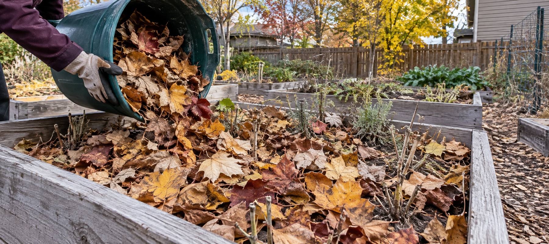 A thick layer of collected autumn leaves protecting the soil in a raised garden bed. A thick layer of collected autumn leaves protecting the soil in a raised garden bed.