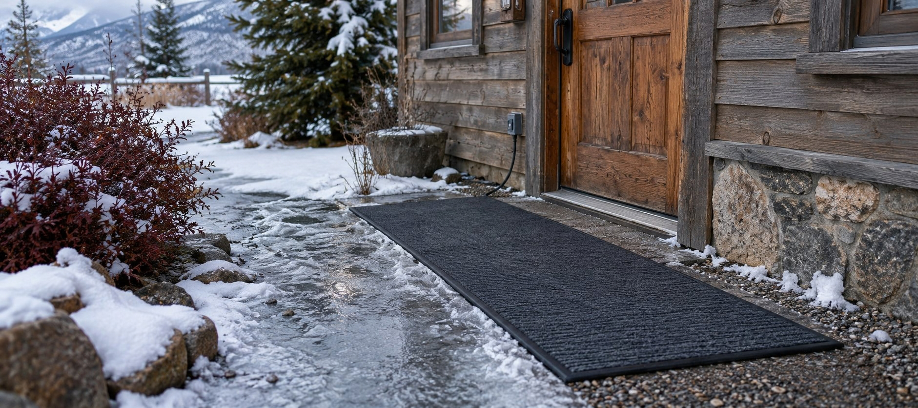 Outdoor heated mat laid across an icy path outside a shaded home entrance. Outdoor heated mat laid across an icy path outside a shaded home entrance.