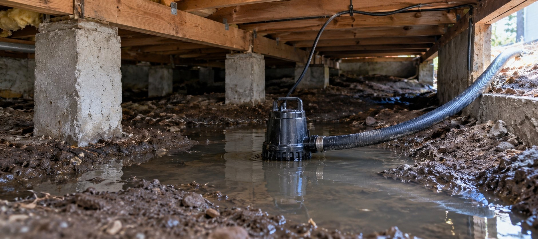 Temporary pump and hose removing pooled water from beneath a rural home. Temporary pump and hose removing pooled water from beneath a rural home.