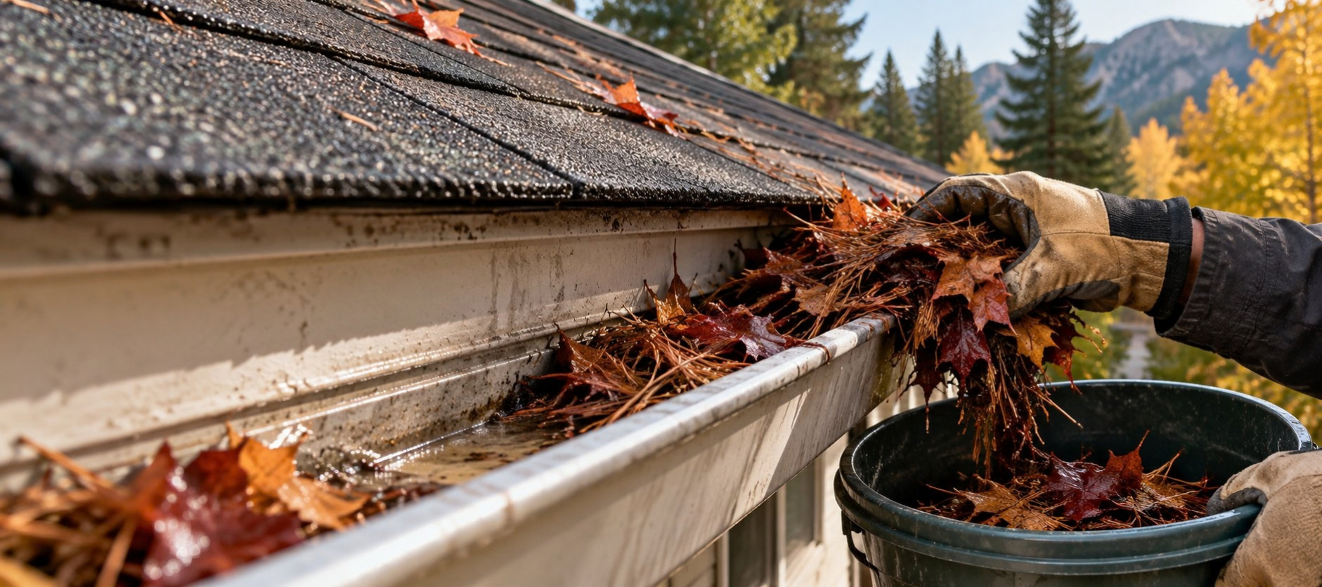 Gloved hands lifting wet leaves and pine needles from a roof gutter into a bucket. Gloved hands lifting wet leaves and pine needles from a roof gutter into a bucket.