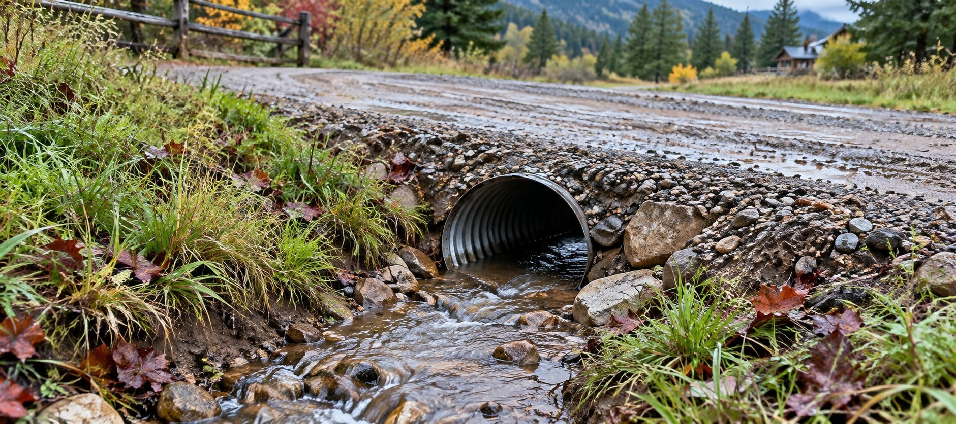 Water passing through a culvert beneath a gravel driveway on a rural property. Water passing through a culvert beneath a gravel driveway on a rural property.