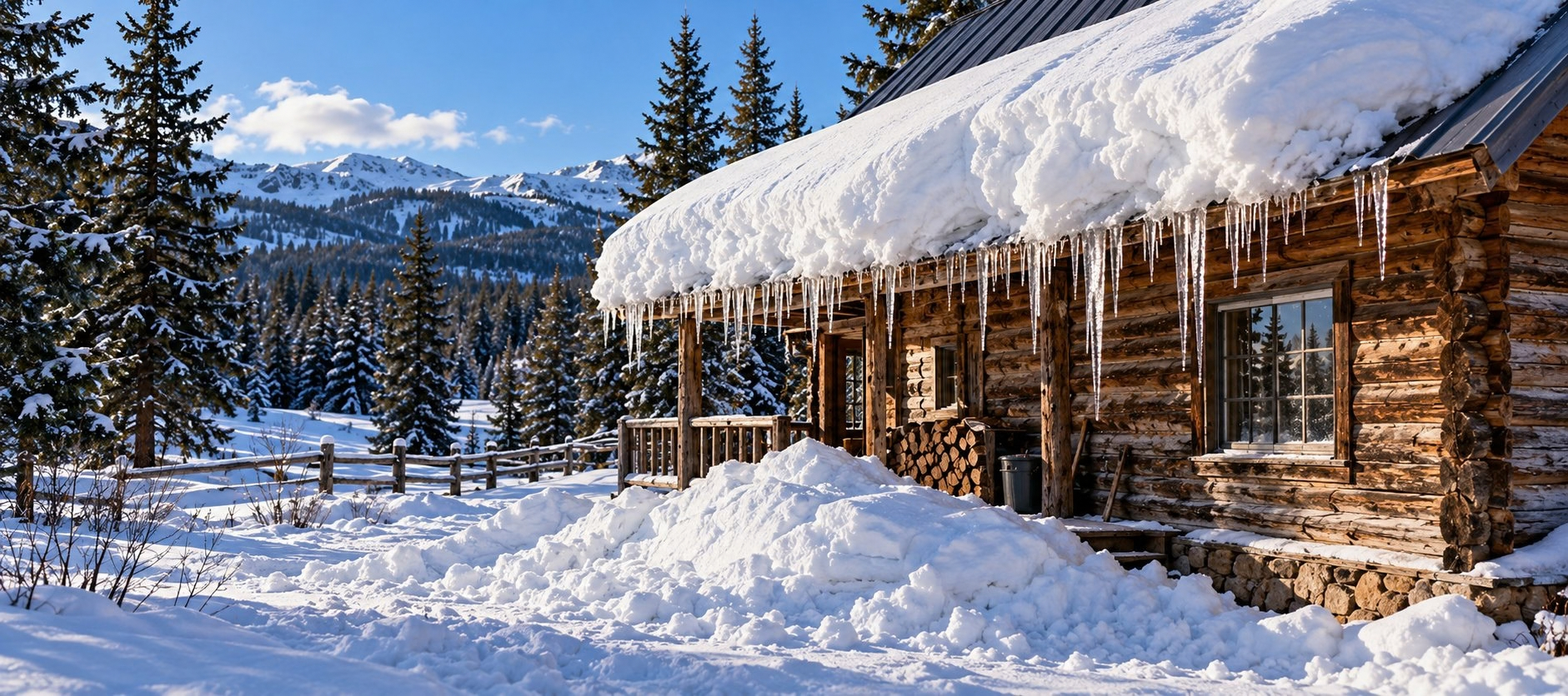 Icicles and a heavy shelf of snow on a cabin roof above a mound built up by earlier roof slides. Icicles and a heavy shelf of snow on a cabin roof above a mound built up by earlier roof slides.