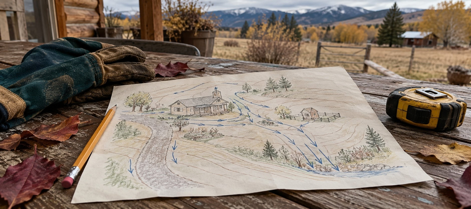 Hand-drawn property map on a porch table with blue arrows marking runoff around the house, driveway, and outbuilding. Hand-drawn property map on a porch table with blue arrows marking runoff around the house, driveway, and outbuilding.