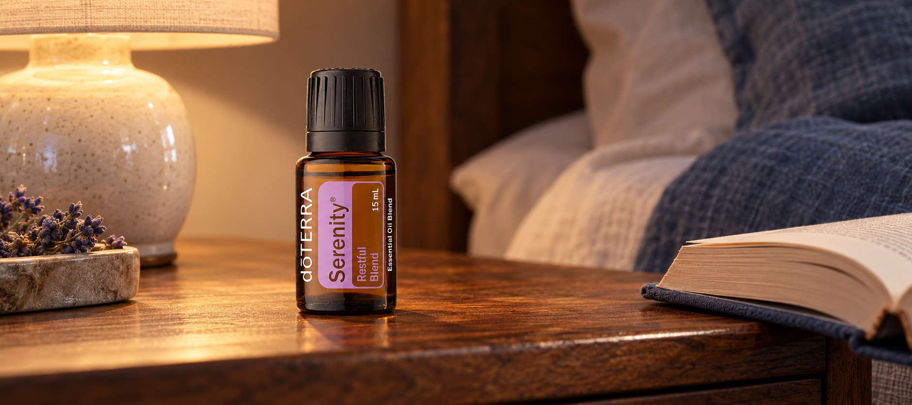 doTERRA Serenity bottle on a bedside table