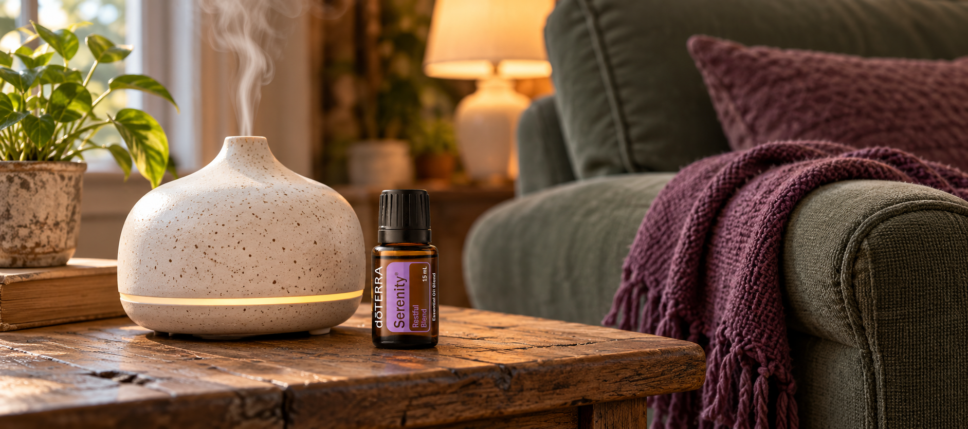 Serenity oil and a diffuser beside a sage armchair