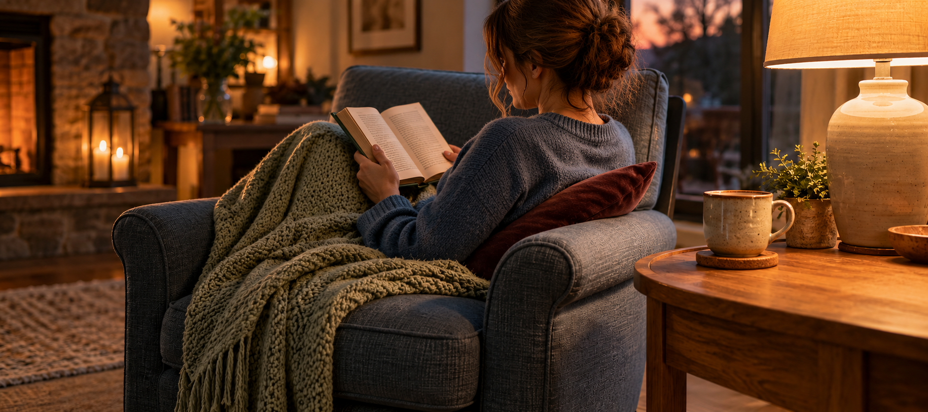Woman curled up in a blue armchair reading a book under a sage blanket