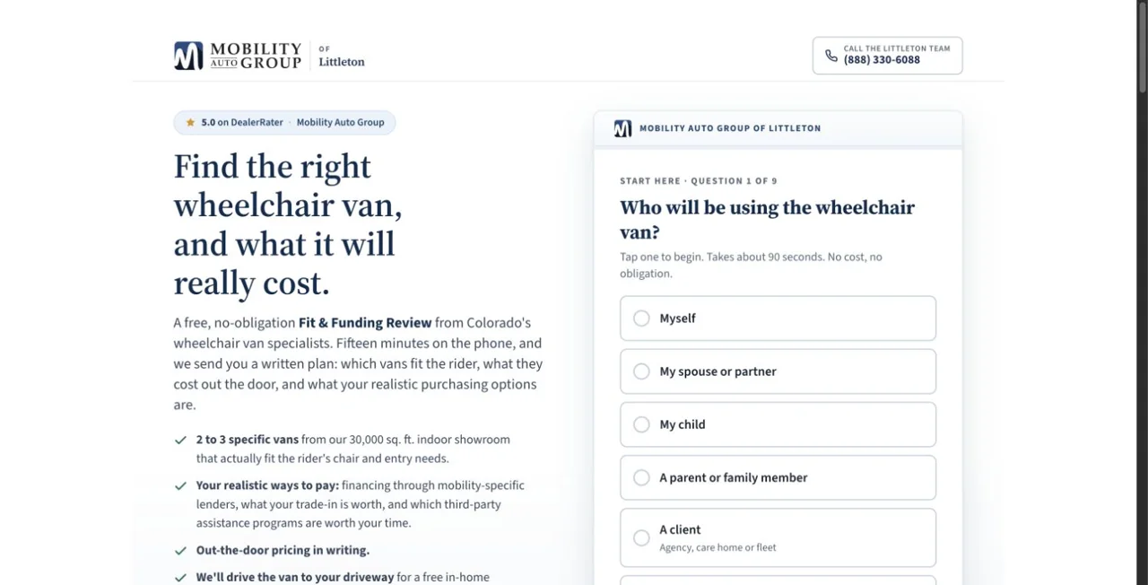 Mobility Auto's live wheelchair van fit and funding funnel