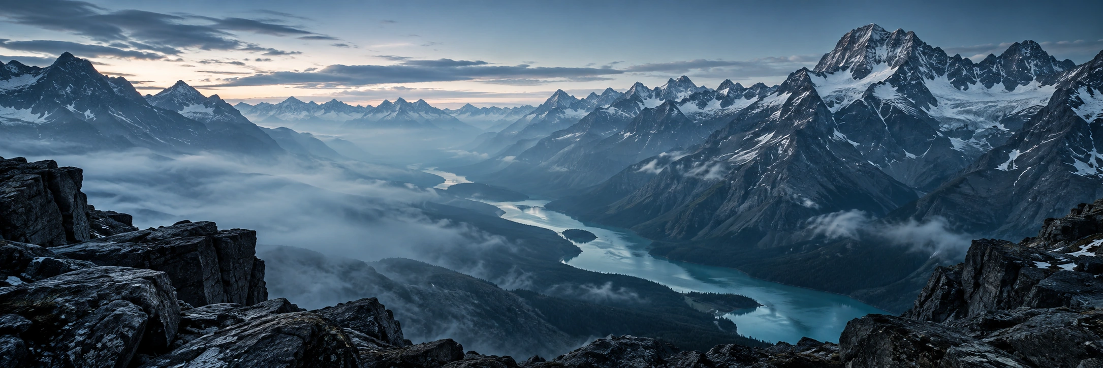 A vast alpine valley beneath dark mountain peaks