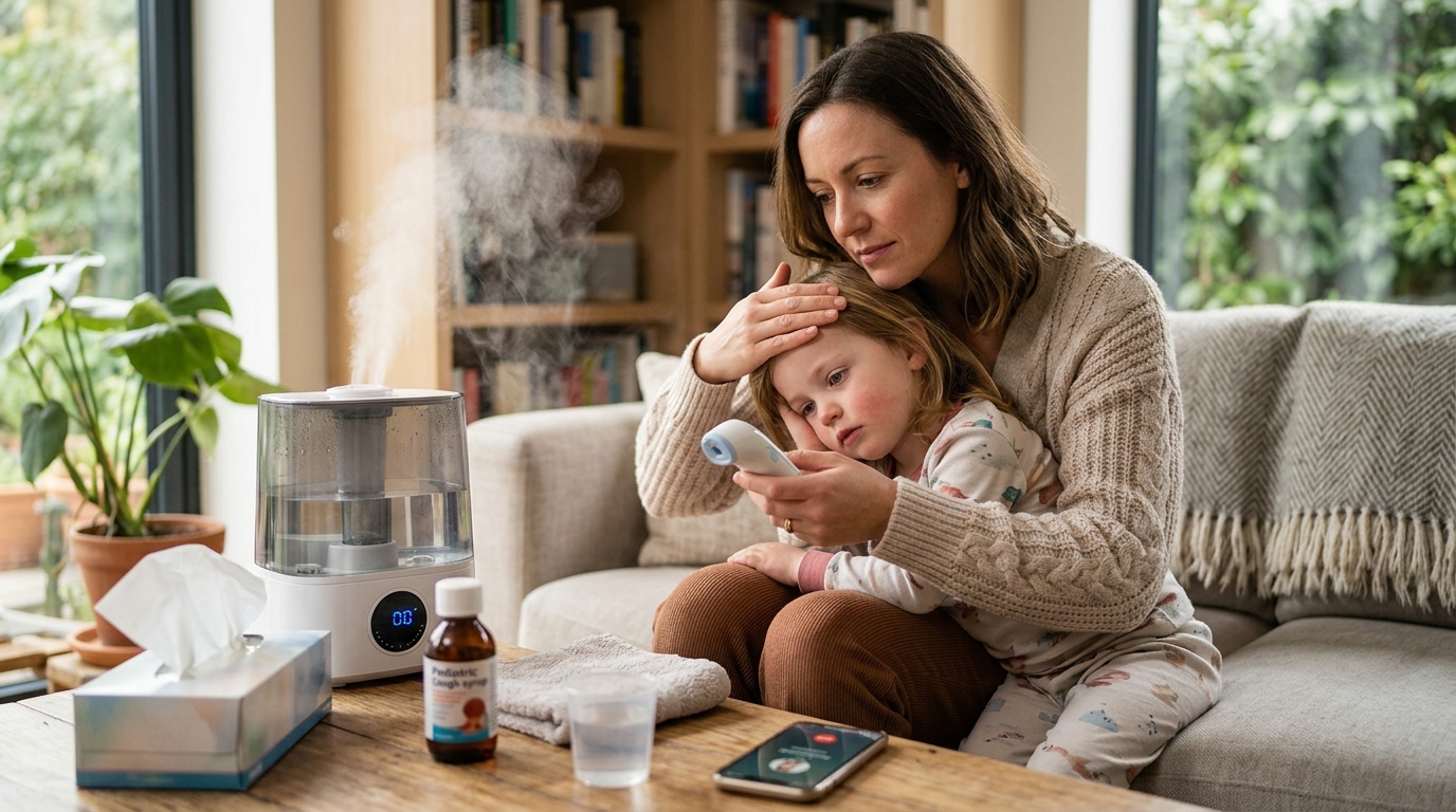 an image that shows a Parent caring for a child with respiratory symptoms while receiving medical guidance