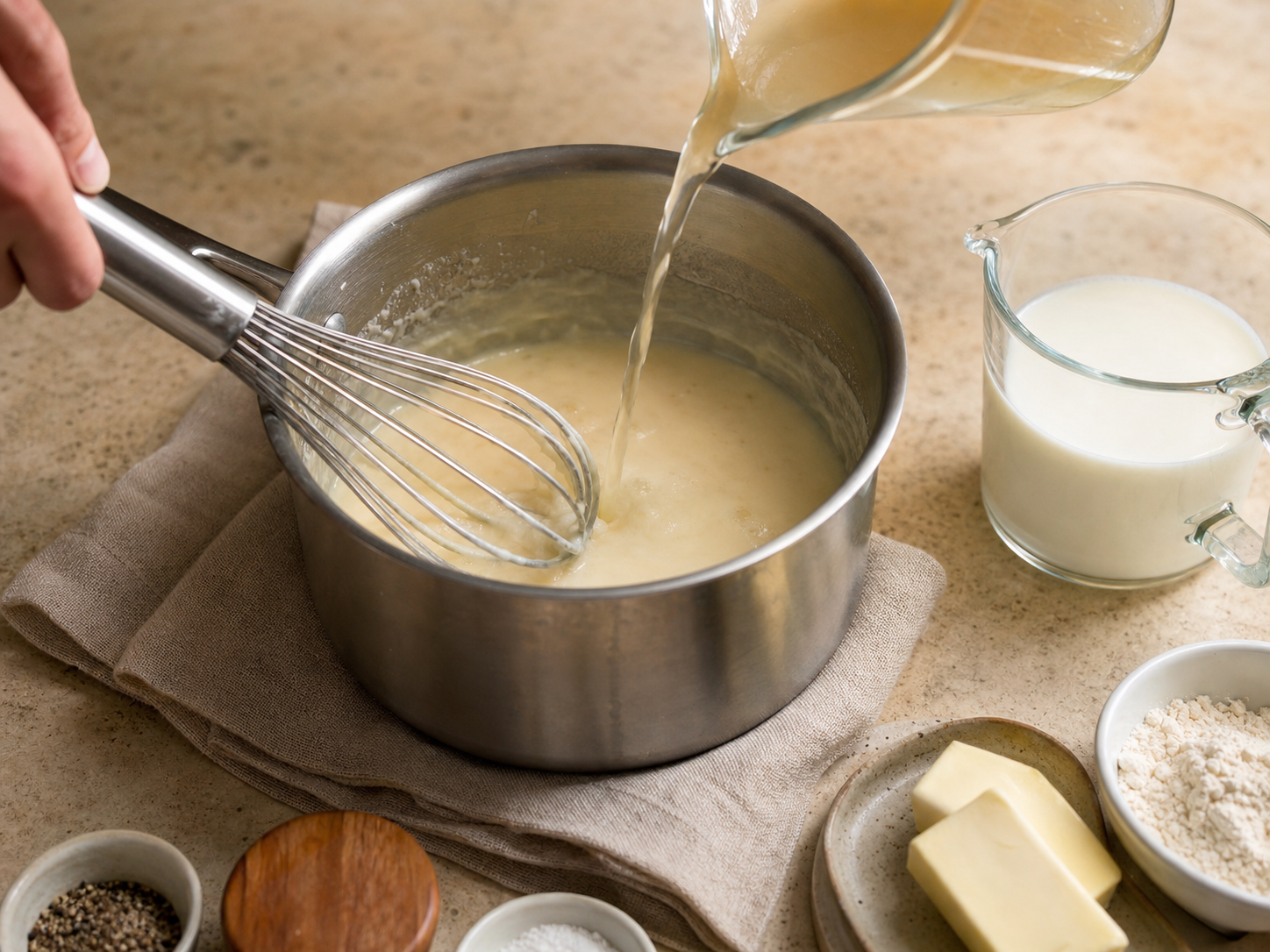 memade cream soup base being whisked in a saucepan with broth and milk memade cream soup base being whisked in a saucepan with broth and milk